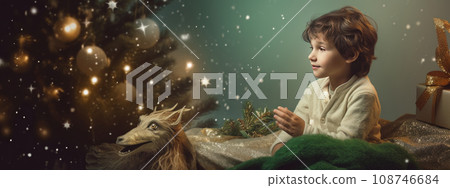 Ai. Cute dragon in Santa hat on lights background. Happy character with gifts for holiday. Soft neutral colours. Concept of New Year, Christmas 108746684