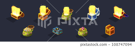 Colorful Treasure Chest with Golden Glow Isometric Vector Set 108747094