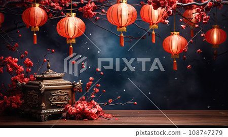 Red paper lanterns in traditional Asian style, dark background. Chinese Lantern Festival. New Year abstract background Red paper lanterns in traditional Asian style, dark background. Chinese Lantern Festival. New Year abstract background 108747279