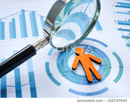 Magnifying glass, figurine and graphs. Marketing analytics, customer review and kyc. 108747649