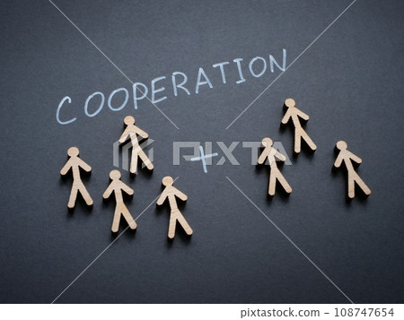 Two teams of figures unite for success and the inscription cooperation. Two teams of figures unite for success and the inscription cooperation. 108747654