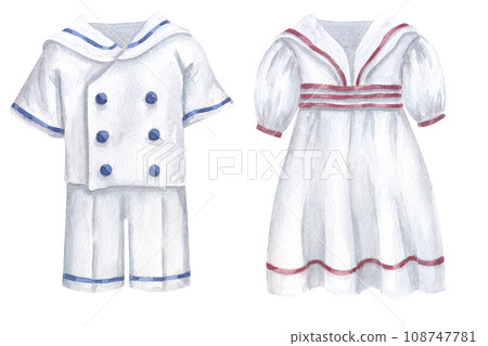 Kids white sailor costume, antique clothing for little boy girl. Marine shirt, shorts, dress. Hand drawn watercolor illustration isolated on white background. For party, festival, holiday 108747781