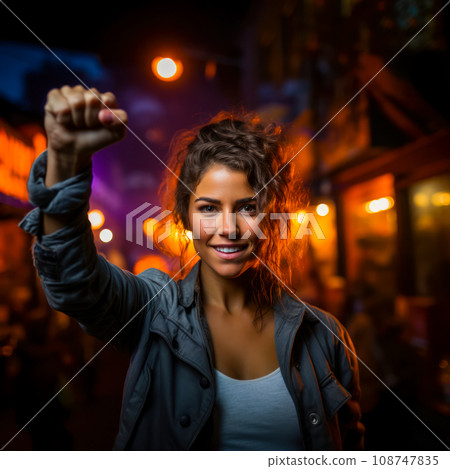 Portrait of a young woman with a raised fist, solidarity and women's fight for their rights 108747835