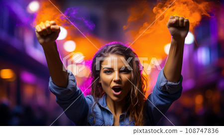 Young woman with raised fists, rally for women's rights, activism and democracy 108747836