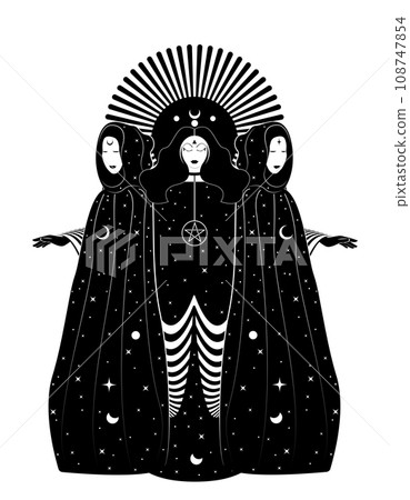 Mystical triple goddess, priestesses in magical cloak. Beautiful fairy women with celestial long dress. Gothic Witch wiccan female sacred design. Vector isolated on white background art deco style Mystical triple goddess, priestesses in magical cloak. Beautiful fairy women with celestial long dress. Gothic Witch wiccan female sacred design. Vector isolated on white background art deco style 108747854