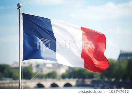 French flag on blurred cityscape backdrop with vibrant sunlight. AI-generated content 108747912