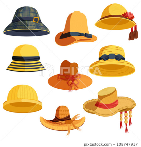 Cartoon Color Different Straw Hats Icons Set Head Accessory Concept Flat Design Style. Vector illustration of Female Straw Cap 108747917