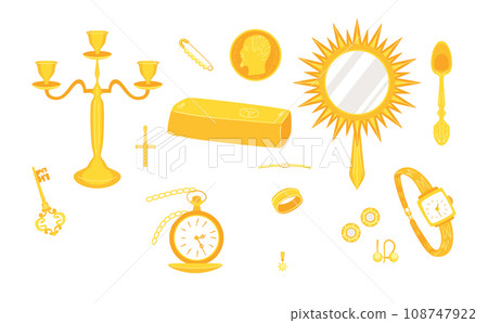 Cartoon Color Gold Accessories and Jewelry Icons Set Concept Flat Design Style Include of Candelabrum, Ring and Earrings. Vector illustration Cartoon Color Gold Accessories and Jewelry Icons Set Concept Flat Design Style Include of Candelabrum, Ring and Earrings. Vector illustration 108747922