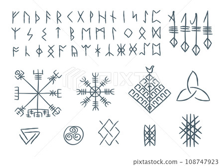 Futhark Norse Islandic and Viking Runes Sign Thin Line Icon Set Include of Rune and Compass. Vector illustration of Icons Futhark Norse Islandic and Viking Runes Sign Thin Line Icon Set Include of Rune and Compass. Vector illustration of Icons 108747923