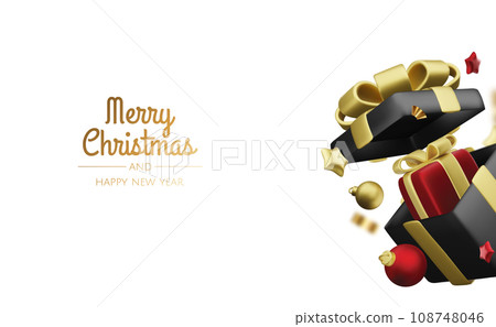 Christmas and New Year gift boxes with gold confetti. Festive Xmas background. Festive Xmas background. Holiday gifts surprise. Realistic 3d Design Vector illustration 108748046
