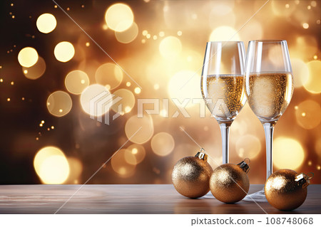 Glasses with champagne and golden Christmas balls on wooden table against holiday lights. Copy space. New Year background Glasses with champagne and golden Christmas balls on wooden table against holiday lights. Copy space. New Year background 108748068