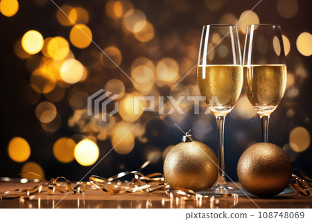 Glasses with champagne and golden Christmas balls on wooden table against holiday lights. Copy space. New Year background 108748069