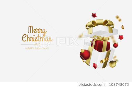 Christmas and New Year background. Xmas background with Christmas tree, gifts, balls, snowflakes. Greeting card, banner, poster 108748073