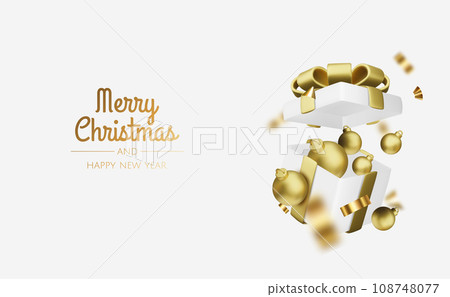 New Year or Christmas sales design template. Vector illustration. Winter background with decorative gift box and gold stars 108748077
