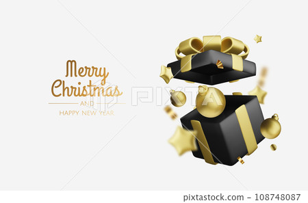 Christmas and New Year gift boxes with gold confetti. Festive Xmas background. Festive Xmas background. Holiday gifts surprise. Realistic 3d Design Vector illustration 108748087