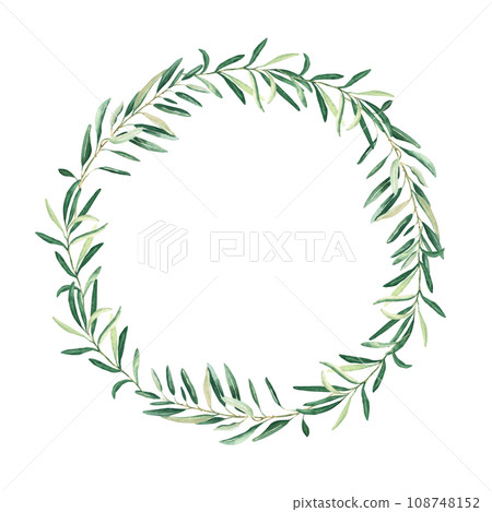 Watercolor olive wreath. Isolated on white background. Hand drawn botanical illustration. Can be used for cards, logos and food design. 108748152