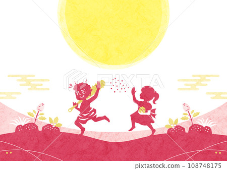 節分日式背景框架日本紙剪影一個女孩與惡魔扔豆子 108748175