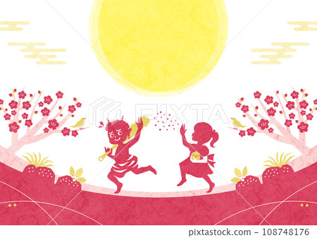 節分日式背景框架日本紙剪影一個女孩與惡魔扔豆子 108748176