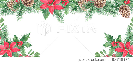 Horizontal watercolor Christmas border, frame. Hand drawn illustration. Pine cone and branches, Holly plant with red berries. Poinsettia with Cowberry, lingonberry. 108748375