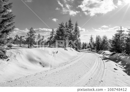 Cross country skiing track on sunny winter day. Freezy snowy landscape of Jizera Mountains, Czech Republic 108748412