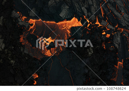 Aerial view of the texture of a solidifying lava field, close-up Aerial view of the texture of a solidifying lava field, close-up 108748624