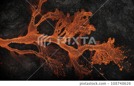 Aerial view of the texture of a solidifying lava field, close-up 108748626