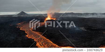 Beautiful aerial panoramatic view of active volcano, Litli - Hrutur, Iceland 2023 Beautiful aerial panoramatic view of active volcano, Litli - Hrutur, Iceland 2023 108748629