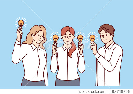Business people with light bulbs symbolizing brainstorming to find ideas to help solve problems 108748706