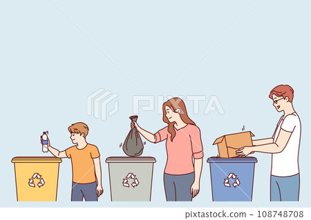Parents and children stand near trash cans, participating in separate waste collection  108748708