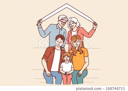 Large happy family of retired parents and millennial children with grandchildren under roof of house 108748711