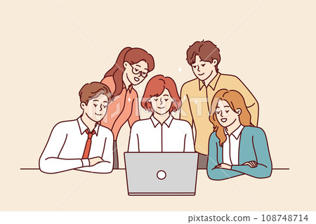Successful business team looks at laptop screen together participating in corporate online meeting 108748714