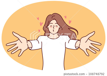 Happy woman stretch hands ready for kiss Happy woman stretch hands ready for kiss 108748792