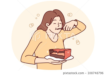 Young woman eating chocolate cake 108748796