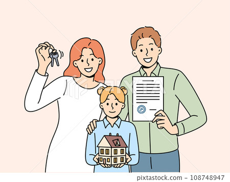 Happy family parents and daughters are holding keys and model house urging them to take out mortgage 108748947