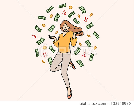 Cheerful woman jumps up standing among rain of money and celebrates receiving big salary 108748950