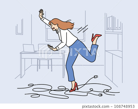 Businesswoman trips on wires and falls, risking injury due to clumsiness or mess in workplace 108748953