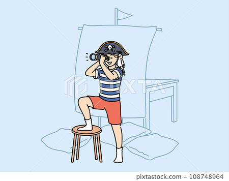 Boy plays pirate holding spyglass and standing near ship mast made sheet and imagining sea voyage Boy plays pirate holding spyglass and standing near ship mast made sheet and imagining sea voyage 108748964