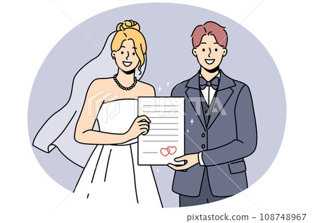 Smiling bride and groom hold marriage certificate Smiling bride and groom hold marriage certificate 108748967