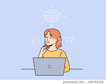 Smiling girl is doing brainstorming sitting near laptop and thinking about best solution to problem Smiling girl is doing brainstorming sitting near laptop and thinking about best solution to problem 108749108