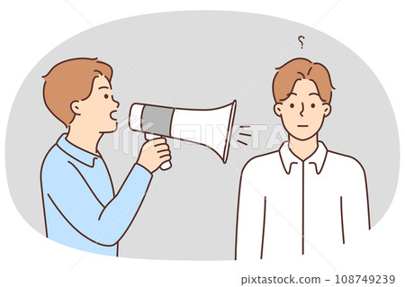 Man with megaphone shout at frustrated male Man with megaphone shout at frustrated male 108749239