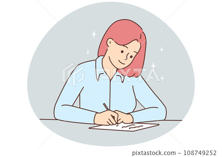 Smiling woman sit at desk writing 108749252