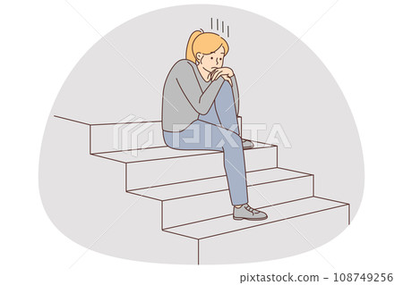 Unhappy woman sit on stairs suffer from loneliness Unhappy woman sit on stairs suffer from loneliness 108749256