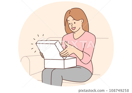 Happy woman unpack order Happy woman unpack order 108749258