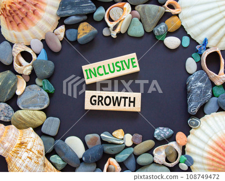 Inclusive growth symbol. Concept words Inclusive growth on beautiful wooden blocks. Beautiful black table black background. Sea shell sea stone. Business inclusive growth concept. Copy space. 108749472