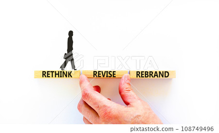 Rethink revise rebrand symbol. Concept word Rethink Revise Rebrand on beautiful block. Beautiful white table white background. Business brand motivational rethink revise rebrand concept. Copy space. 108749496