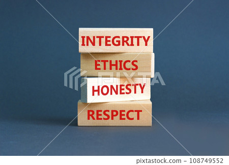 Integrity ethics honesty respect symbol. Concept word Integrity Ethics Honesty Respect on block. Beautiful grey background. Business integrity ethics honesty respect concept. Integrity ethics honesty respect symbol. Concept word Integrity Ethics Honesty Respect on block. Beautiful grey background. Business integrity ethics honesty respect concept. 108749552