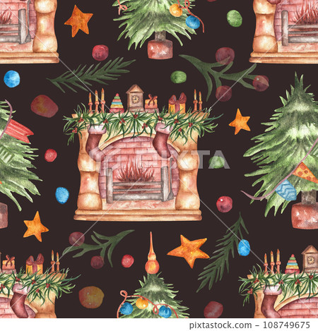 Watercolor festive seamless pattern with Christmas interior items. Winter items for a cozy new year. Illustration for design, print, fabric or background. 108749675