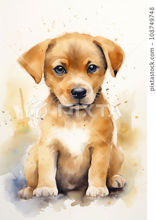 Puppy watercolor background. Cute adorable puppy card 108749748