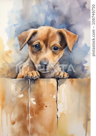 Puppy watercolor background. Cute adorable puppy card Puppy watercolor background. Cute adorable puppy card 108749750
