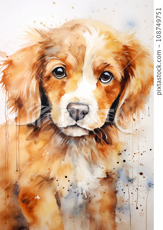 Puppy watercolor background. Cute adorable puppy card 108749751